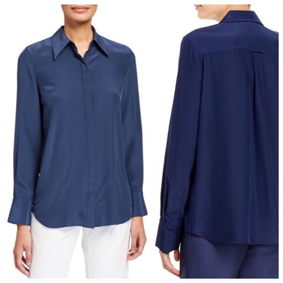 Lafayette 148 100% Silk Collarless Hidden Button Blouse in Royal Navy Size M - Picture 2 of 12